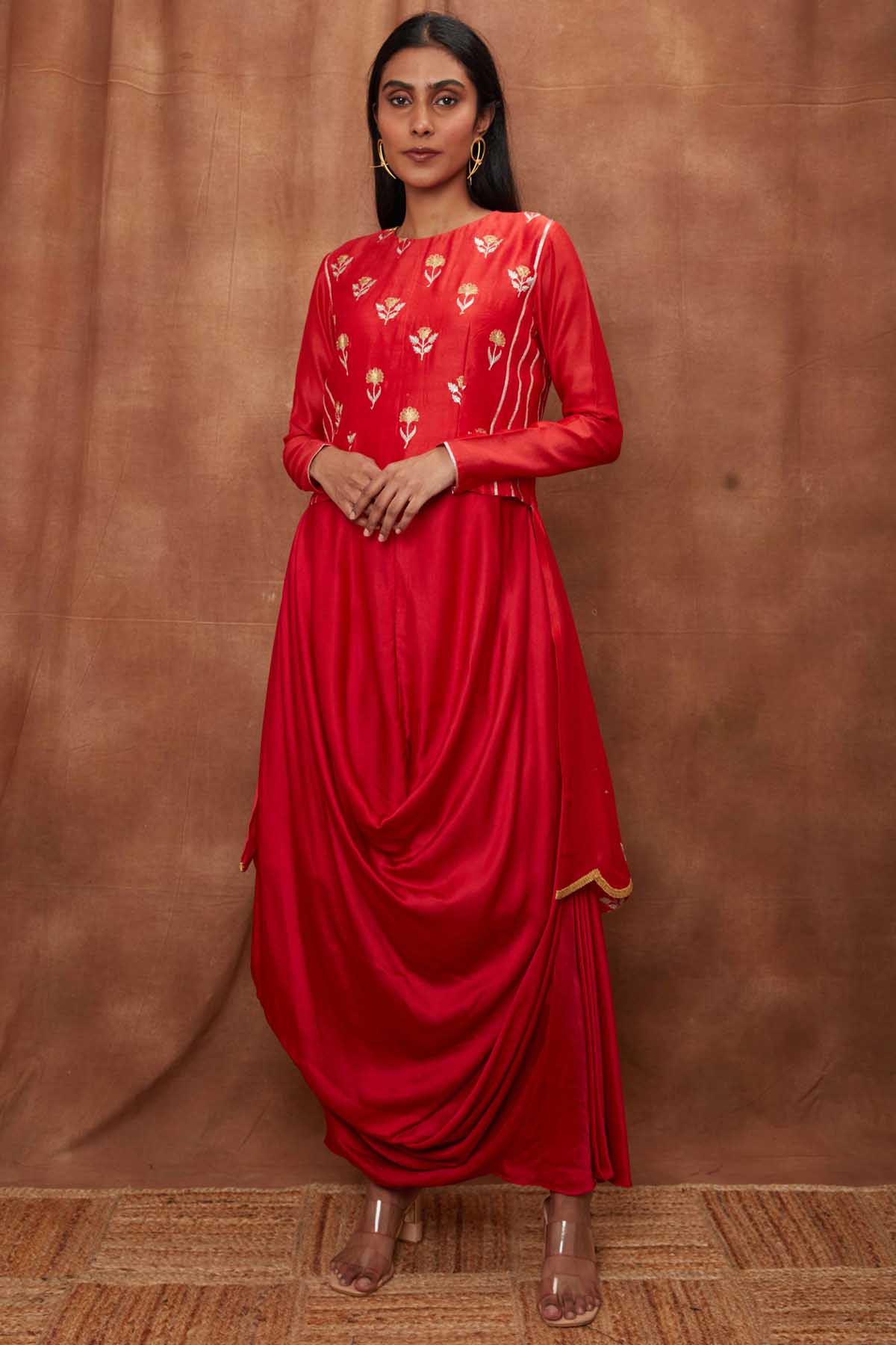 Buy Red Silk Scalloped Top & Cowl Dress for Women Online